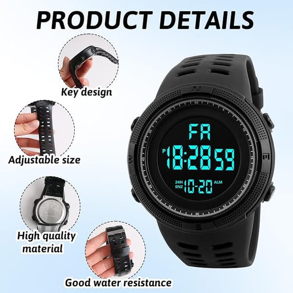 Digital Klocka Herr Digital Klocka Digitala Armbandsur för Män Vattentät Klocka för Herrklockor med Ljus