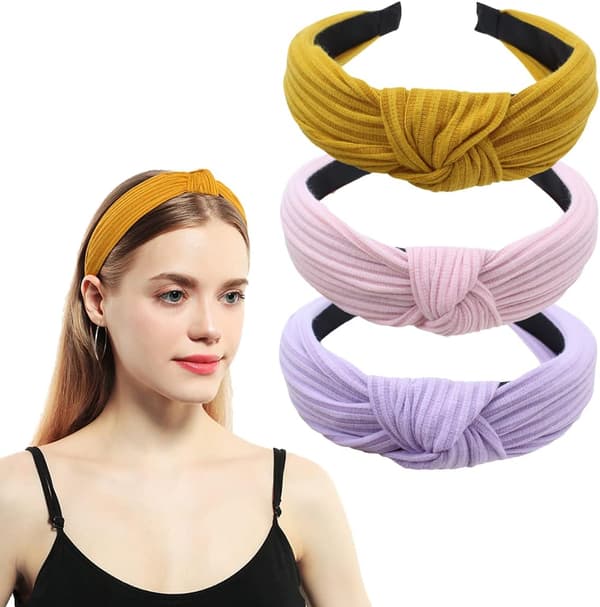 Hårband för vuxna kvinnor, 3-pack, elastiska tyghårband, lila håraccessoarer (rosa, lila, gul)