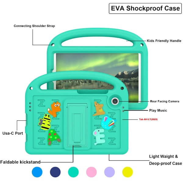 Samsung Galaxy Tab A9 / A11 Stötsäkert EVA-fodral med tecknad sparv, glaciärgrön Glaciärgrön Glaciärgrön