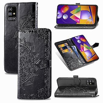Horisontalt vendbart lærfutteral med Mandala-blomst for Galaxy M31s (svart)