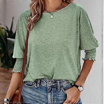 Dame Crew Neck Tunika Topp T-skjorte 3/4 Erme Basic T-skjorter Basic T-skjorte Bluser Ensfarget Løs Passform Tunika Topp Bluser Lilla S(S Lilla)