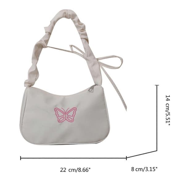 Stilig Nylon Sling Bag for Kvinner Trendy Skulderveske Håndveske med Søte Broderte Sommerfugldetaljer Hvit White