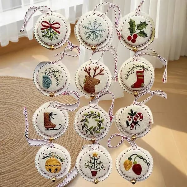 Handsömnad Julgransprydnader Kit, Julbroderikit, Broderikit Julgransprydnader för Vuxna Nybörjare 12-pack