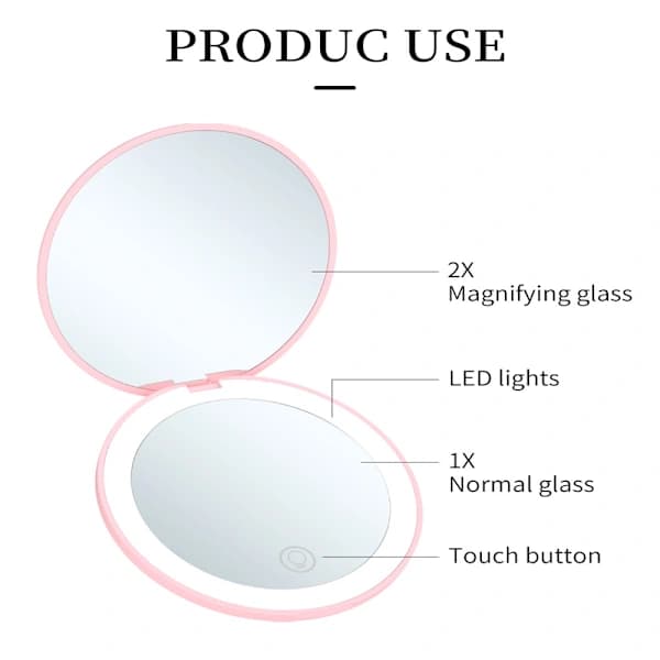 Compact Mirror with LED Light, Magnifying Rechargeable Mirror, Dimmable Travel Mirror for Purse, Pocket, Handheld 2-sided Makeup Mirror White