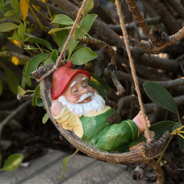 Hengende Hagegnome Ornament Utendørs for Hagedekorasjon, Sovende Gnome Utendørs Statuer, 18cm