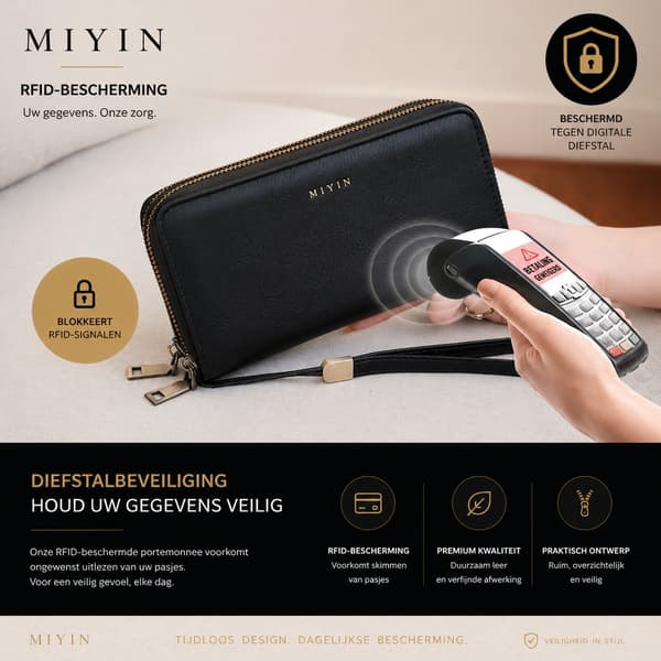 Women's RFID Blocking Wallet, Large Capacity, Double Layer, Wristlet with Phone Pocket, Card Slots, and Zipper Coin Pocket, Black