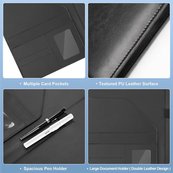 Meeting Folder A4 Business Document Folder with Clipboard, Document Pocket, Card Holder, Office Work Pocket (Black)