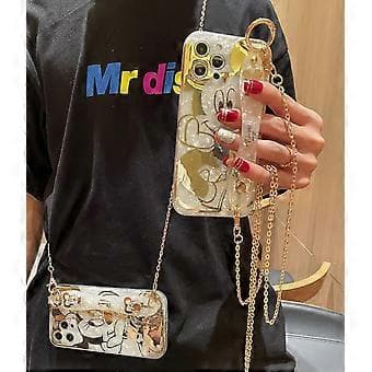 Cartoon Case for iPhone 15 Pro Max, Cute Golden Mickey Sparkle Bling Case with Metal Chain Loop, Wrist Strap Stand Soft TPU Shockproof Protective