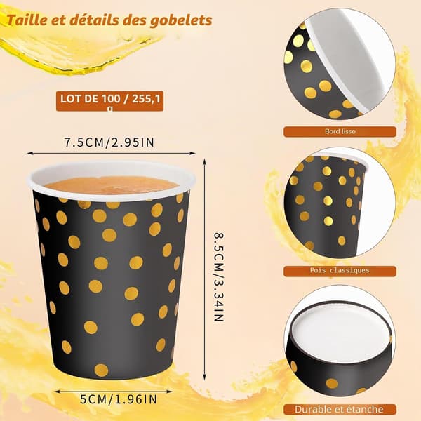 Pakke med 100 sorte og guld festpapirkopper, 250 ml, guldprikkede papirkopper, til varme og kolde drikke (sort)
