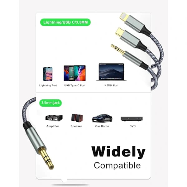 2M USB-C til Aux lydkabel bil 3,5 mm nylonkabel, jack-kabel (3-i-1-kabel) for hodetelefoner, smarttelefon 2 m
