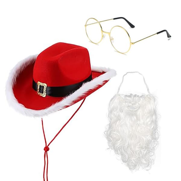 4 pcs Santa Costume Cowboy Hat White Beard Costume
