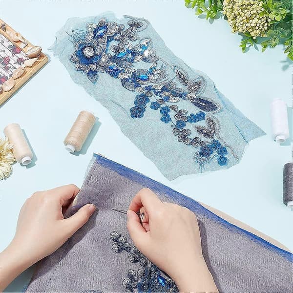2 stk. 3D Blå Blomster Perler Broderi Blondekanter med Pailletter Rhinestone Patch til DIY Brudekjole Tøjtilbehør