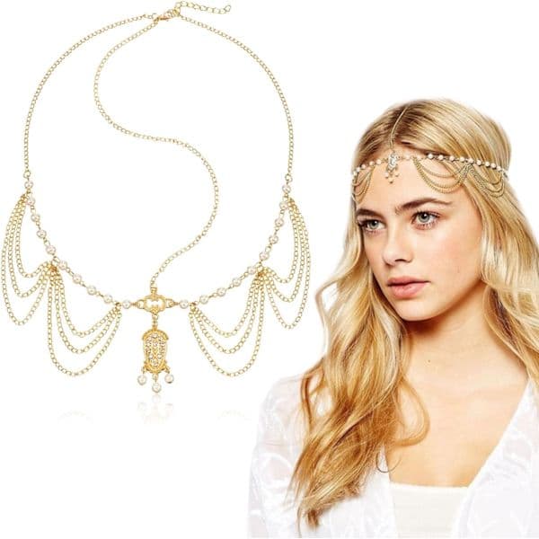 Boho dusker pannebånd, dusk kjede hårbånd, boho pannebånd hode, dame hodeplagg for festivaltilbehør bryllup halloween
