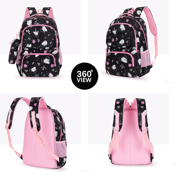 Elementary School Backpack 2-piece Lightweight Breathable Cute Cartoon Pencil Case Girls School Backpack Black