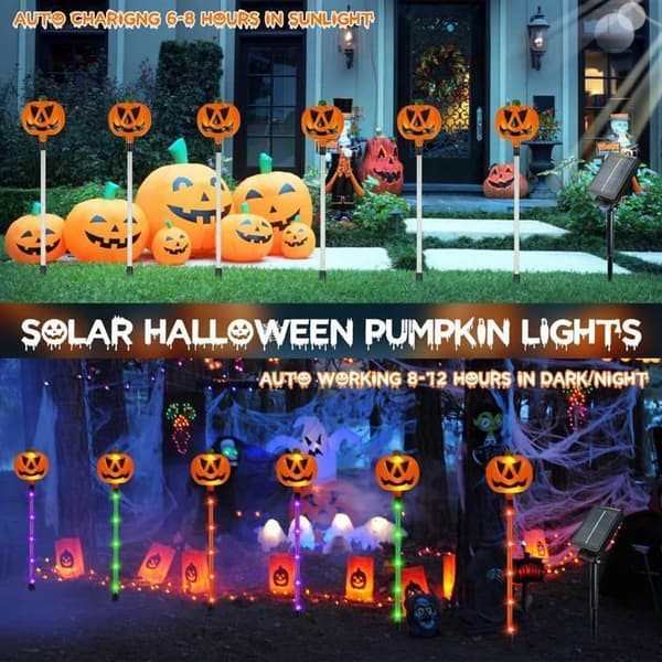 Set of 12 Solar-Powered Pumpkin-Shaped String Lights for Outdoor Halloween Decoration, Waterproof Pathway Lighting with 8 Modes