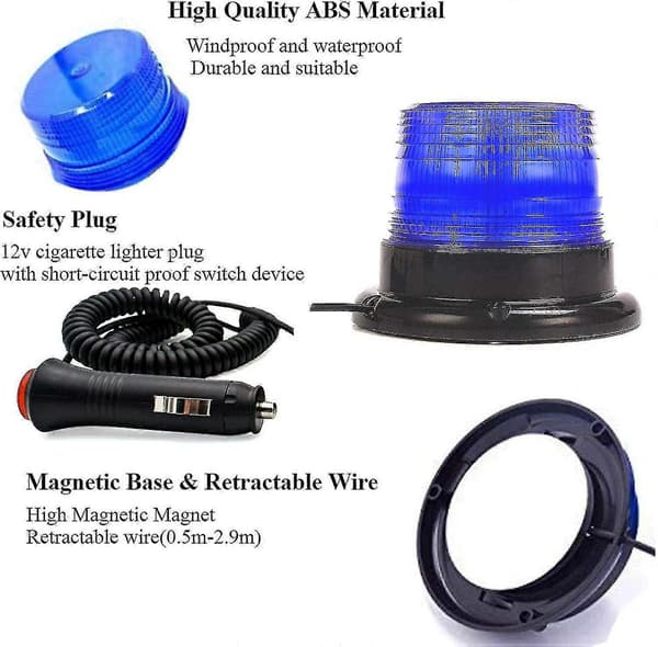 Magnetic LED Warning Light, Magnetic Vehicle Warning Light with 12v/24v Cigarette Lighter Socket (Blue)