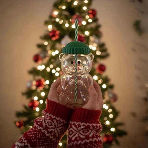 2025 Bear Straw Cup - Cute Bear Glass Mug with Straw 47 cl, Cute Mugs, 1 Large-FA-