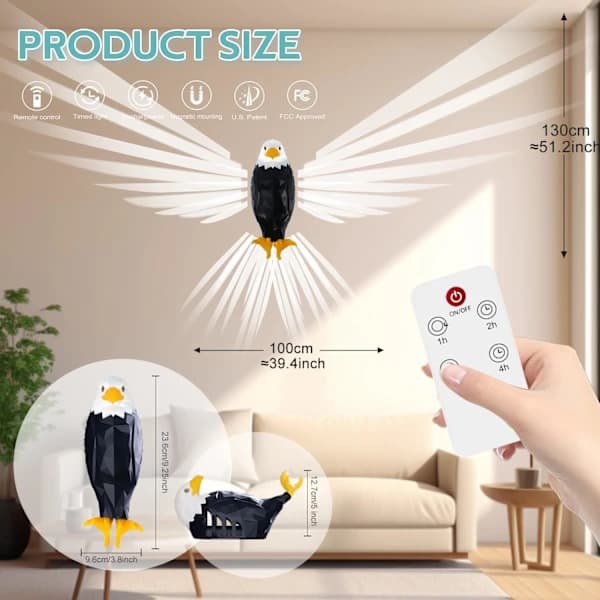 Bald Eagle Wall Lamp with Remote Control, Magnetic LED Mounted Eagle Light, USB Charging and Battery Powered Indoor Lighting