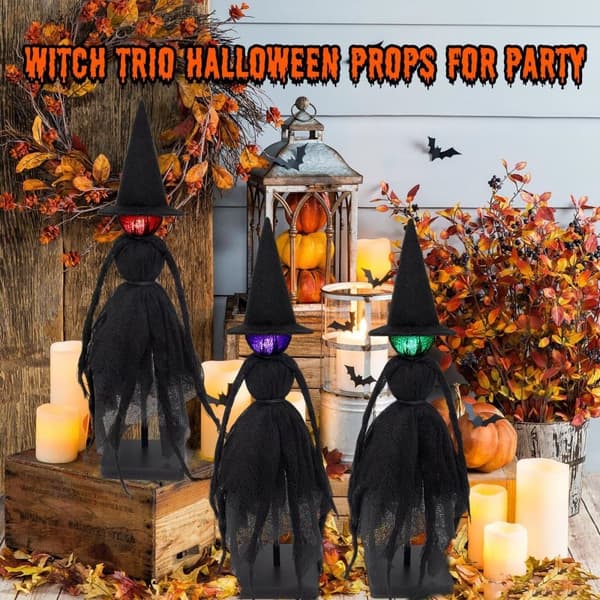 Halloweenpynt Indendørs, Sæt med 3 Primitive Hekse med Hatte