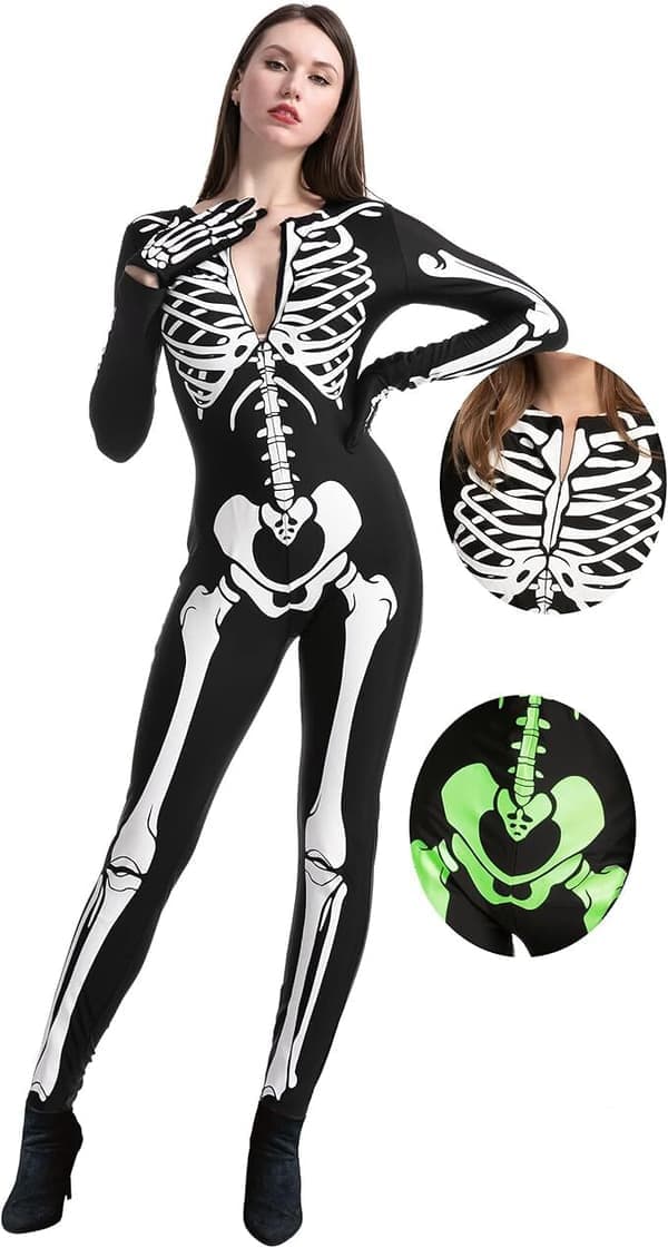 Selvlysende skeletdragt til kvinder Halloween-kostume M