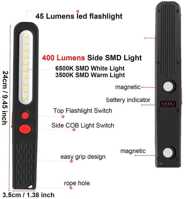 Magnetic Mechanical Lamp, Rechargeable 400 Lumen LED COB Work Light, 3 Light Modes
