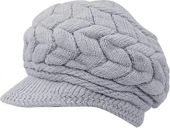Vinterstickad mössa med brätte för kvinnor, svart vit grå, elegant mössa med varm fleecefodring Grå One Size Grå Gray One Size