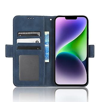 Nahkakotelo iPhone 15 Plus -puhelimelle korttipaikalla (sininen)