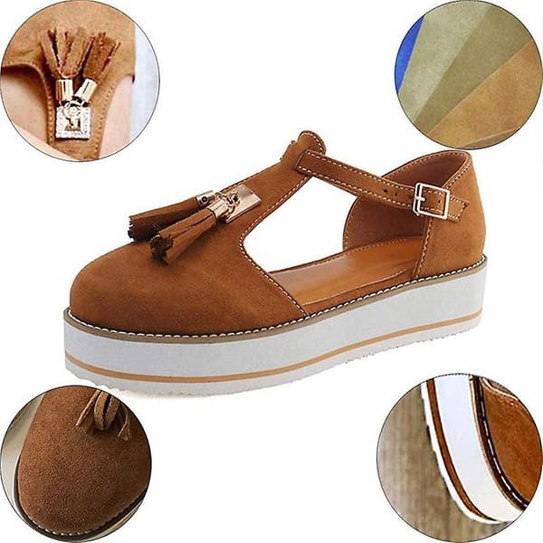 (Brown US 5) Women's Leather Tassel Closed Toe Platform Sandals Adjustable Buckle Ankle Strap Non-Slip Comfortable