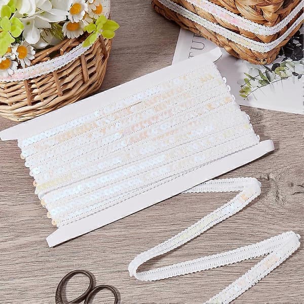 White Sequin Beaded Trim Fabric Ribbon Flat Bling Metallic Glitter Polyester Sequins Beaded Gimp Lace Strip Bulk