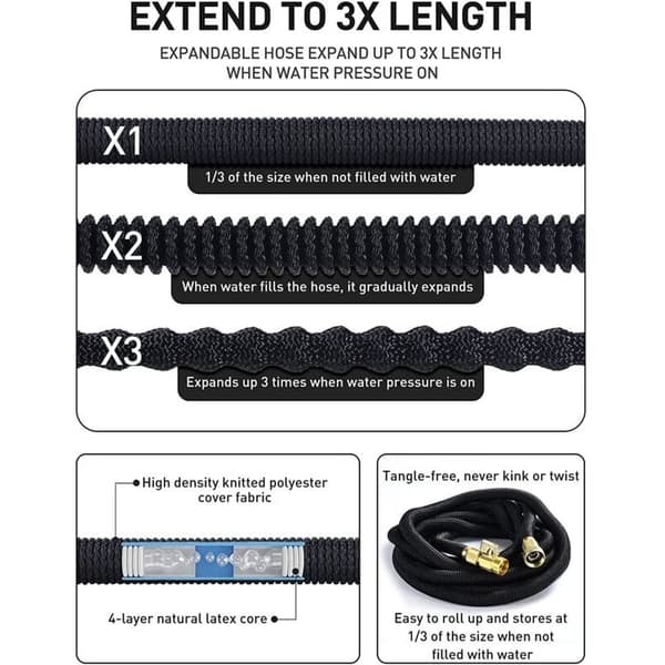 15 m reinforced expandable garden hose with storage bag, black
