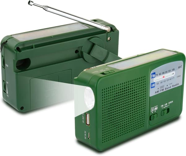Bærbar Nødradio med Solcellepanel, Håndsveiv og Selvoppladende USB-Batteri - Grønn
