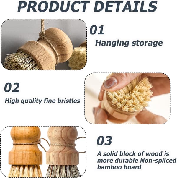 2 Mushroom and Vegetable Brushes - Wood with String and Natural Bristles - for Kitchen and Bathroom