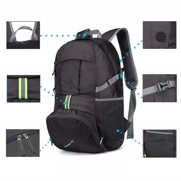 Ultralet foldbar rygsæk, 20L, kompatibel med camping og vandring