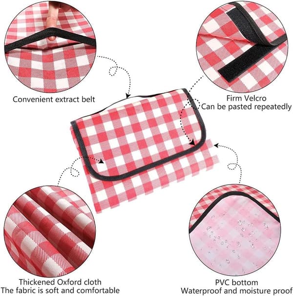 Waterproof Picnic Blanket with PVC Backing, Foldable Portable Outdoor Mat with Handle for Beach Camping Park, Red Plaid 200x200cm