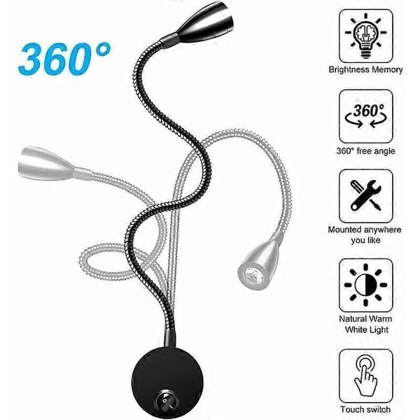 2-pack Bedside Lamp Wall, LED Reading Lights Gooseneck Lamp 3W, 3000K Warm White Reading Lamp (Black)