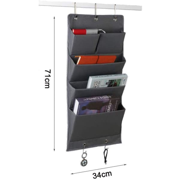 Hanging Organizer Oxford Fabric Door Wardrobe Organizer Foldable Hanging Shelf with 5 Towel Hooks Hanging Storage with 4 Large Compartments, Grey