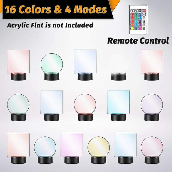 2-pak 3D Nat LED Lampe Base + Fjernbetjening + USB-kabel, 16 farvers lysshow Displaystativ til akryl Sort