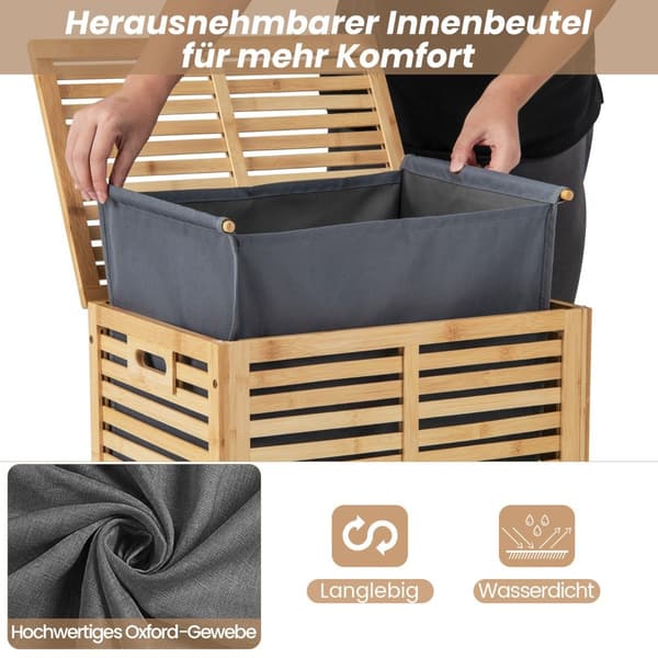 80L Laundry Hamper with Lid and Removable Washable Laundry Bag Bamboo Laundry Basket