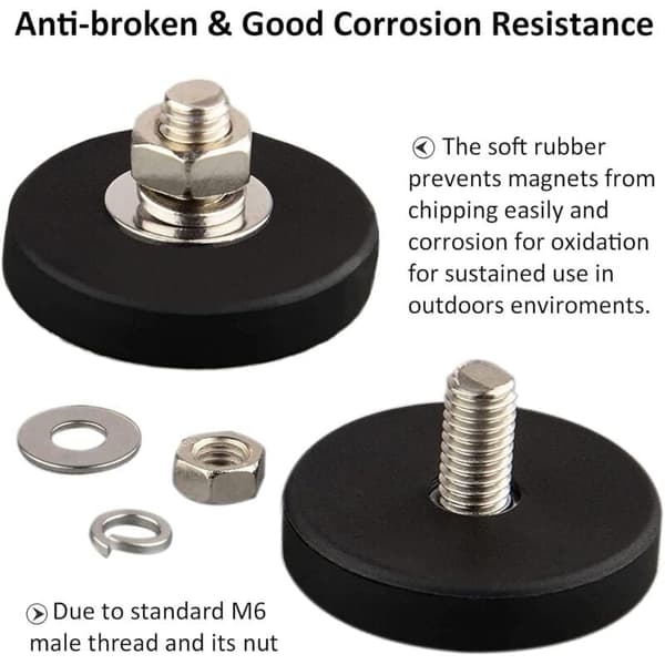 4-pack Scratch-Resistant Neodymium Magnets with Rubber Coating and M6 Male Thread, Super Strong Magnetic Mount for Lighting