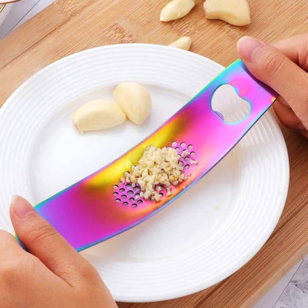 Rainbow Stainless Steel Garlic Press, Metallic Garlic Crusher, Garlic Press with Bottle Opener