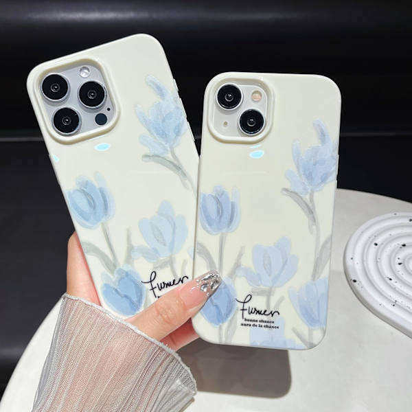 Artistic Blue Tulip Flower Soft Design iPhone Case, Beige, Compatible with iPhone 16 Pro Max