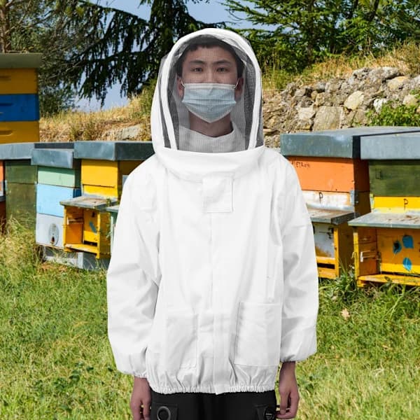 Beekeeping Protective Jacket with Veil, Bee Suit, Blouse with Double Zippers, Beekeeping Accessories, White