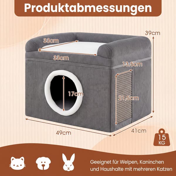 Foldbart kattehus med sisalmåtte og blød pude, grå
