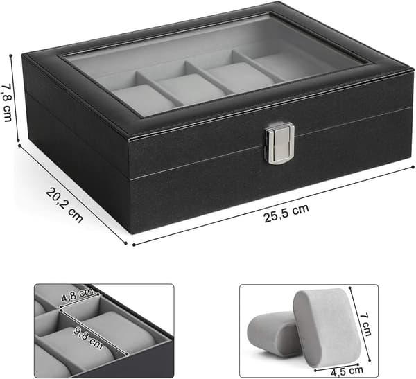 Kellonvetolaite 10 kellolle, kellolaatikko lasikannella, irrotettavat kellonpidikkeet, samettivuori, metallisolki, musta viimeistely E E