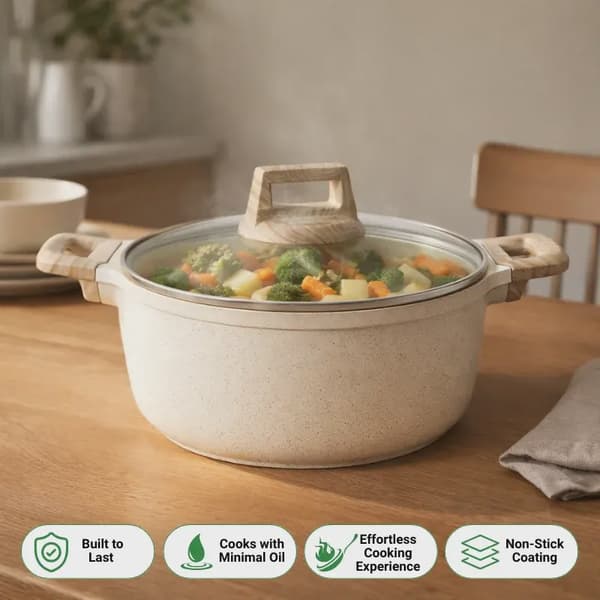 Granit Nonstick Gryde, 24 Cm, Glaslåg, Beige