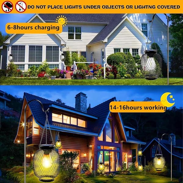 Solcellelamper for utendørs bruk, 2 stk solcellelykter med LED-pære, IP65 vanntett metallhengende solcellelamper, solcellelamper for hage