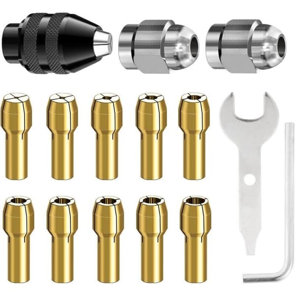 Sett med 15 spennhylser for Dremel-bor, 1/32\" til 1/8\" hurtigchuck, 4486, med ekstra messinghylse 4485 og metallmutter.