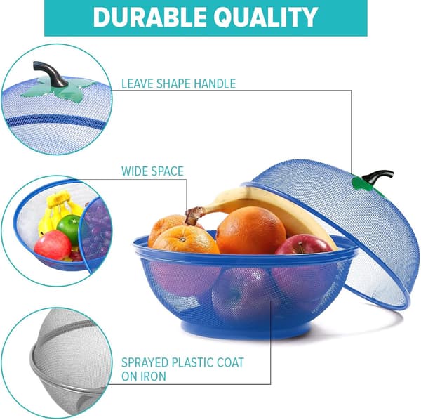 Apple-shaped fruit basket with net and lid, vegetable table holder, keeps unwanted pets and insects away, dish drying basket for kitchen Blue Blue