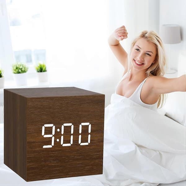 Digital Väckarklocka Sängbord, Digital Väckarklocka Trä Väckarklocka Mini Kub Tyst Trä Digitala Väckarklockor för Sovrum - Qin
