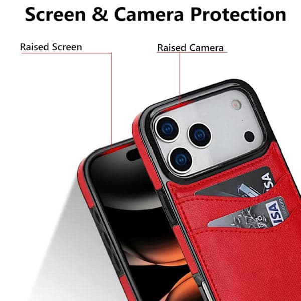 iPhone 17 Pro Max Cover - Litchi Læder med Kortplads Rød Rød Röd